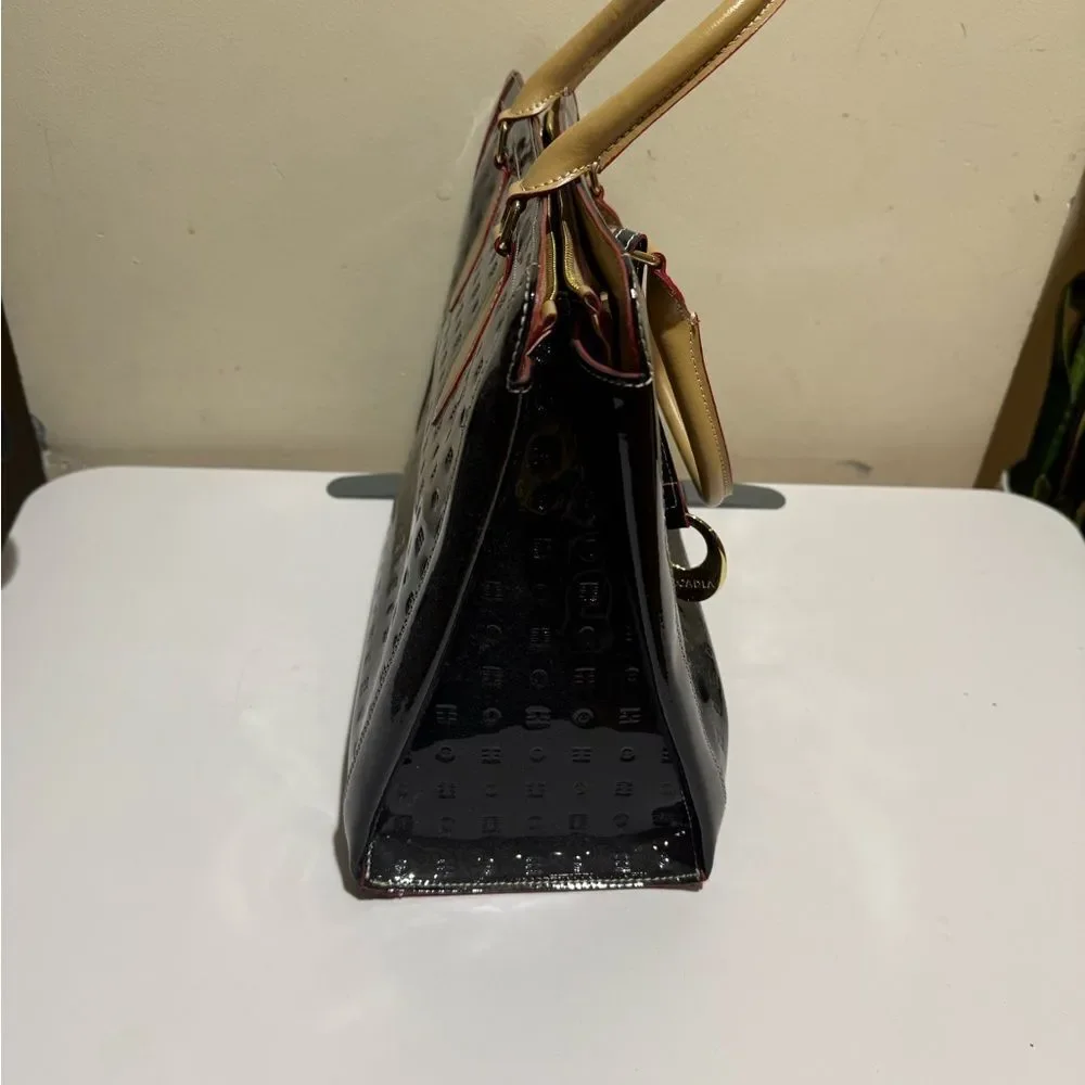 Arcadia Black Patent Leather Crossbody Straps and goldtone tag Black Tote